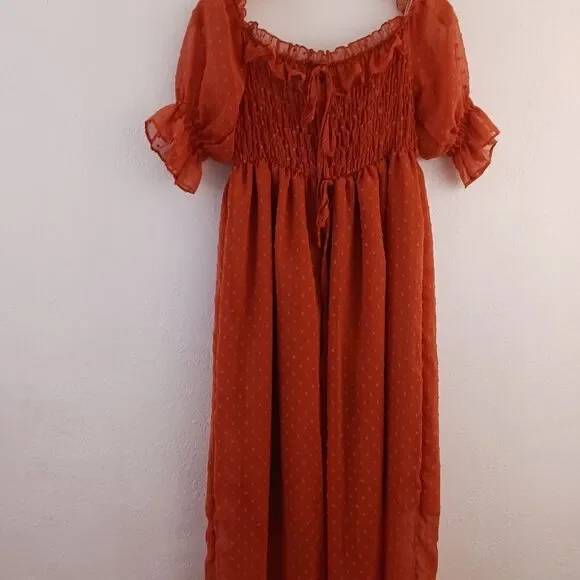 Oc Order Plus Dresses | Oc Order Pluss Off Shoulder Boho Flowy Swiss Dot Smocked Maxi Dress Size S | Color: Orange/Red | Size: S | Rossanegra77's